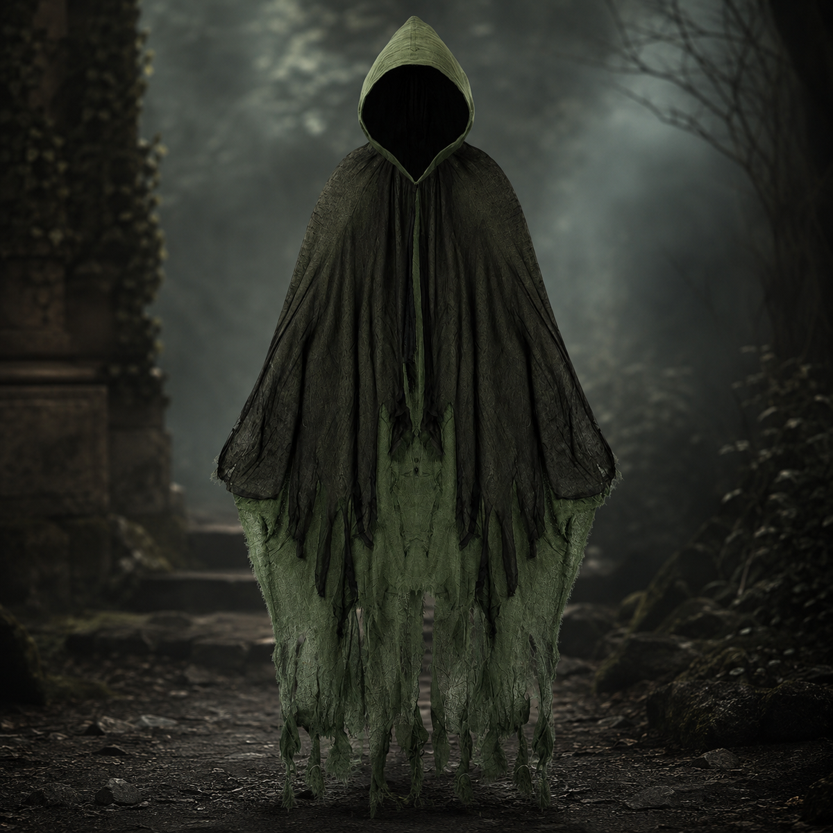 Adult Ragged Hooded Ghost Cloak Tattered Gauze Wraith Costume Cape