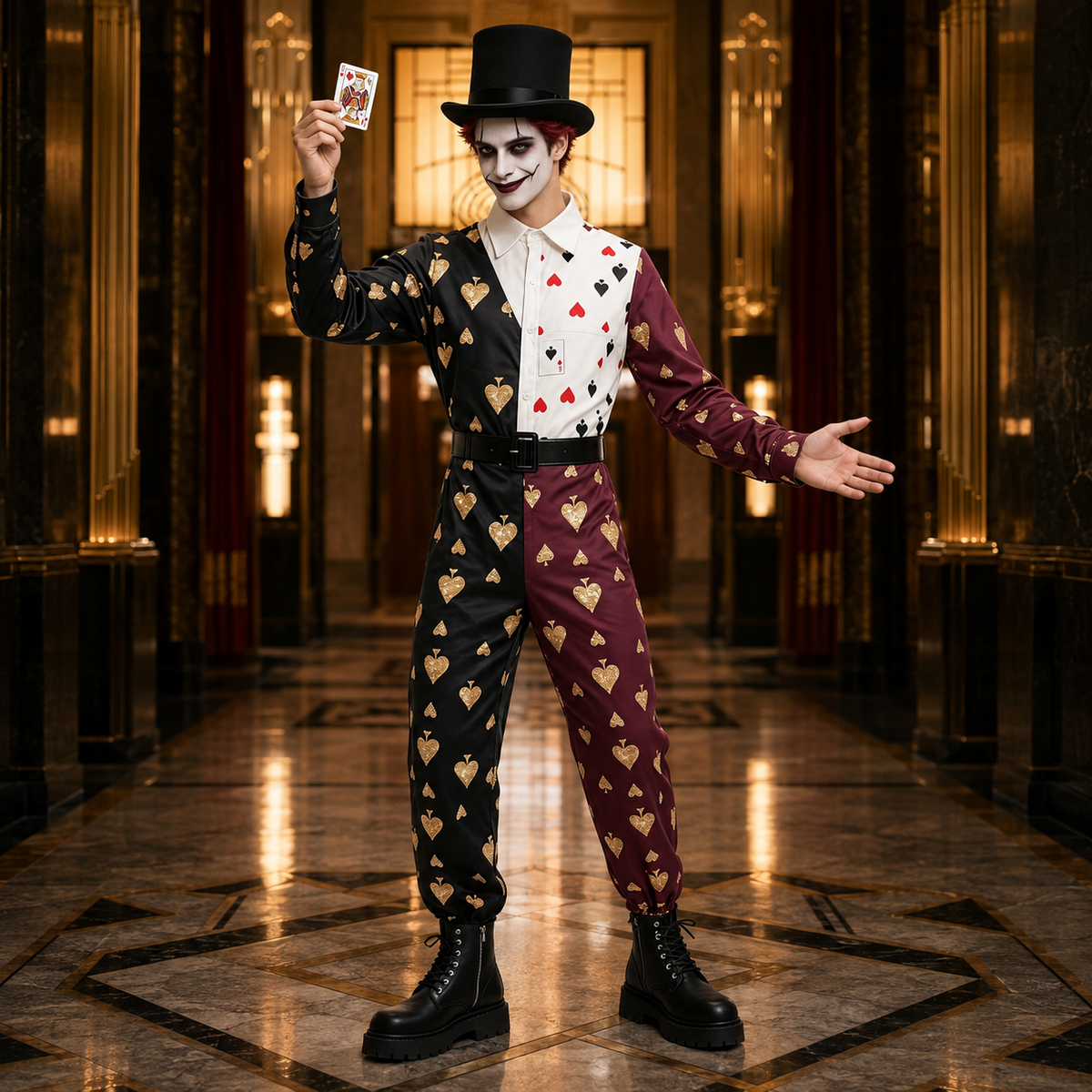 Playing Card Jester Costume Harlequin Jumpsuit Adult Halloween Clown