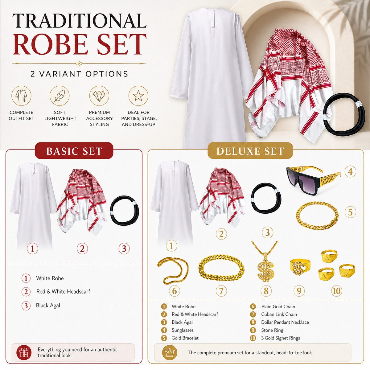 Mens White Robe and Red Checkered Headscarf Costume Set with Agal