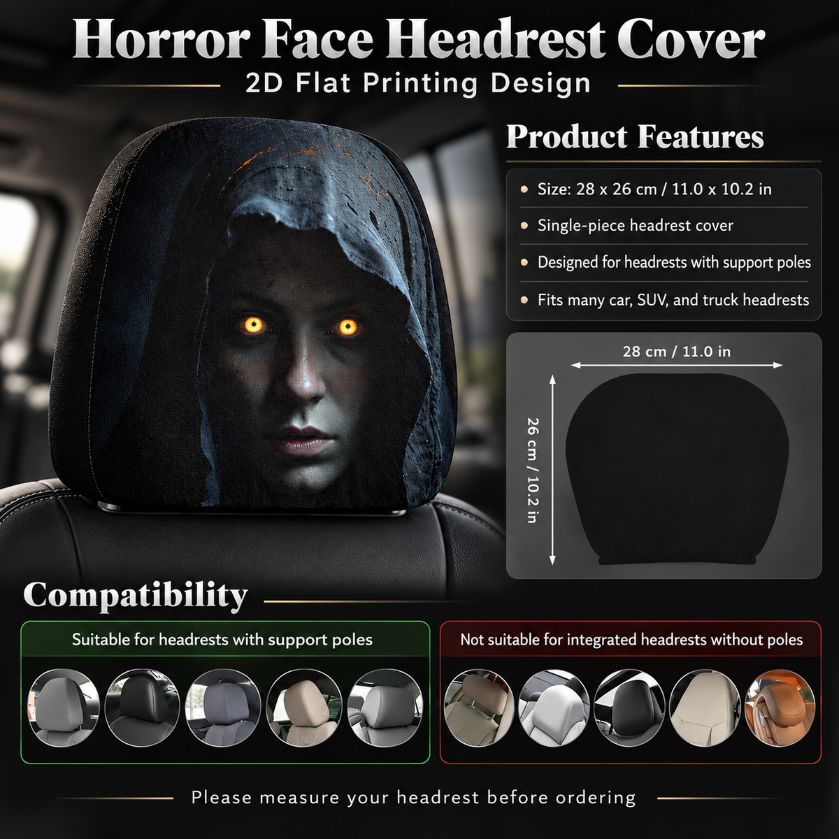 Horror Face Car Headrest Cover Hooded Woman Glowing Eyes Halloween