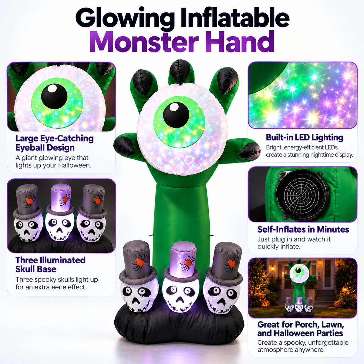 Inflatable Eyeball Monster Hand with Skulls LED Halloween Yard Decor