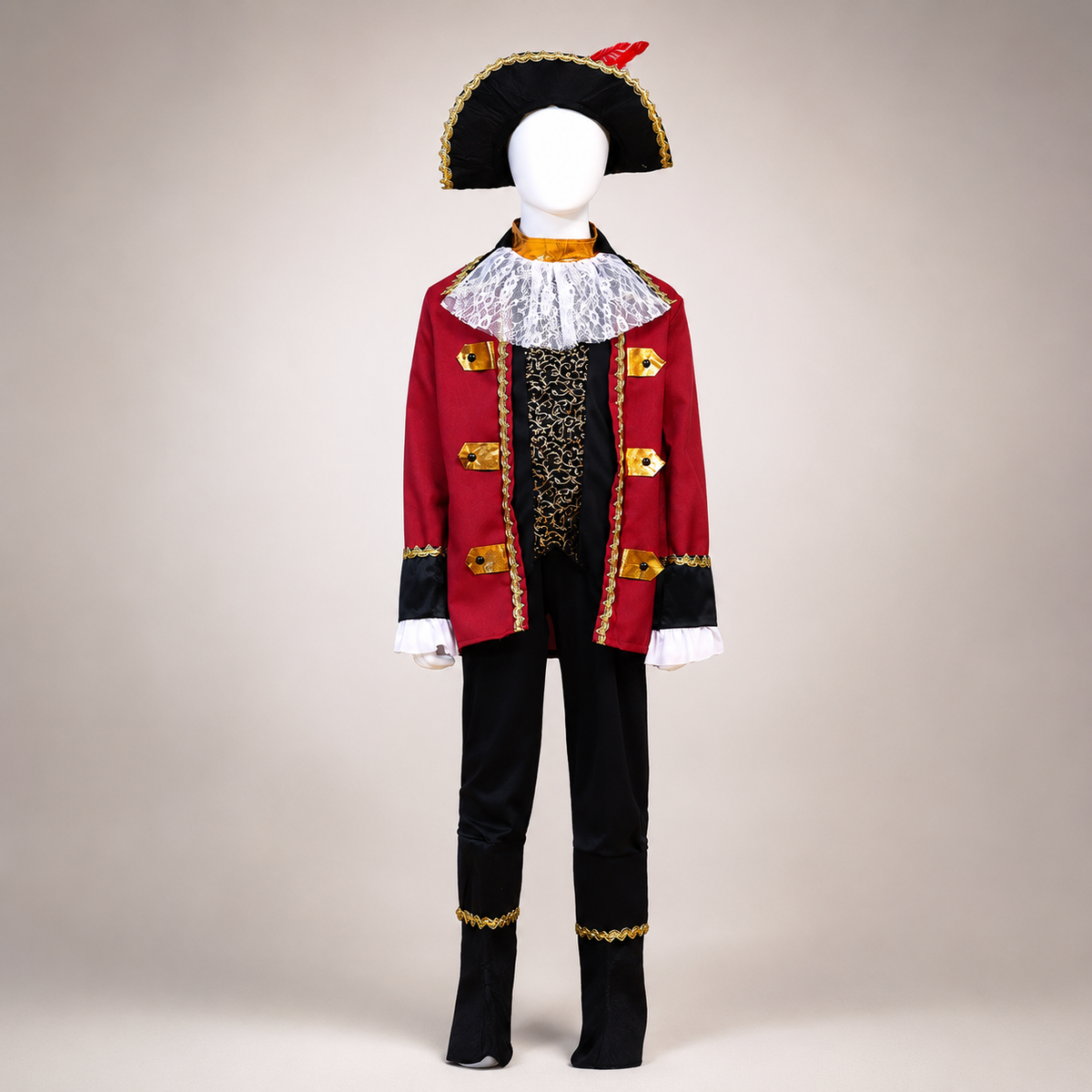 Boys Pirate Captain Costume Red Coat Lace Jabot Tricorn Hat Kids