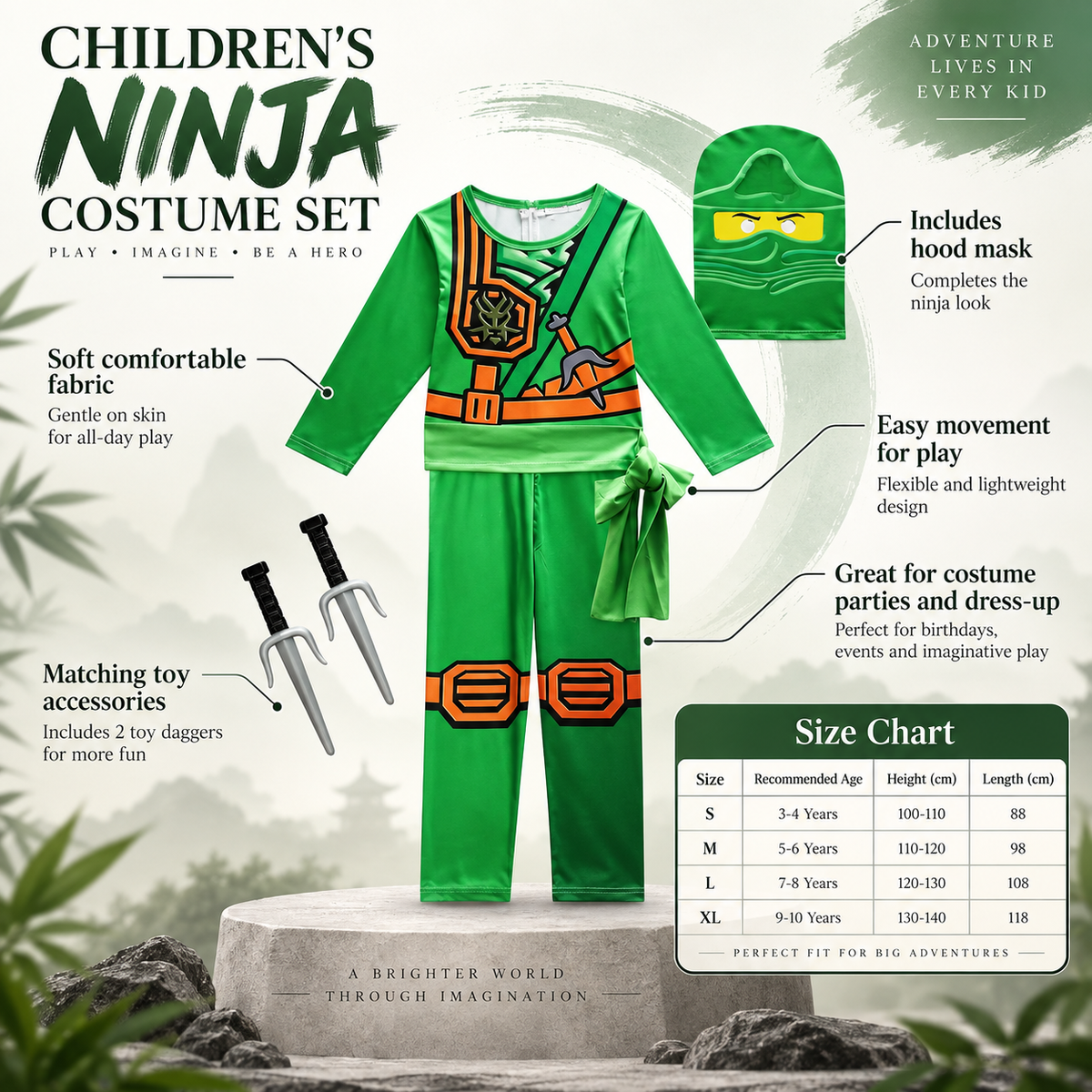 Kids Ninja Costume Red or Green Jumpsuit Hood Mask and Toy Sai Set