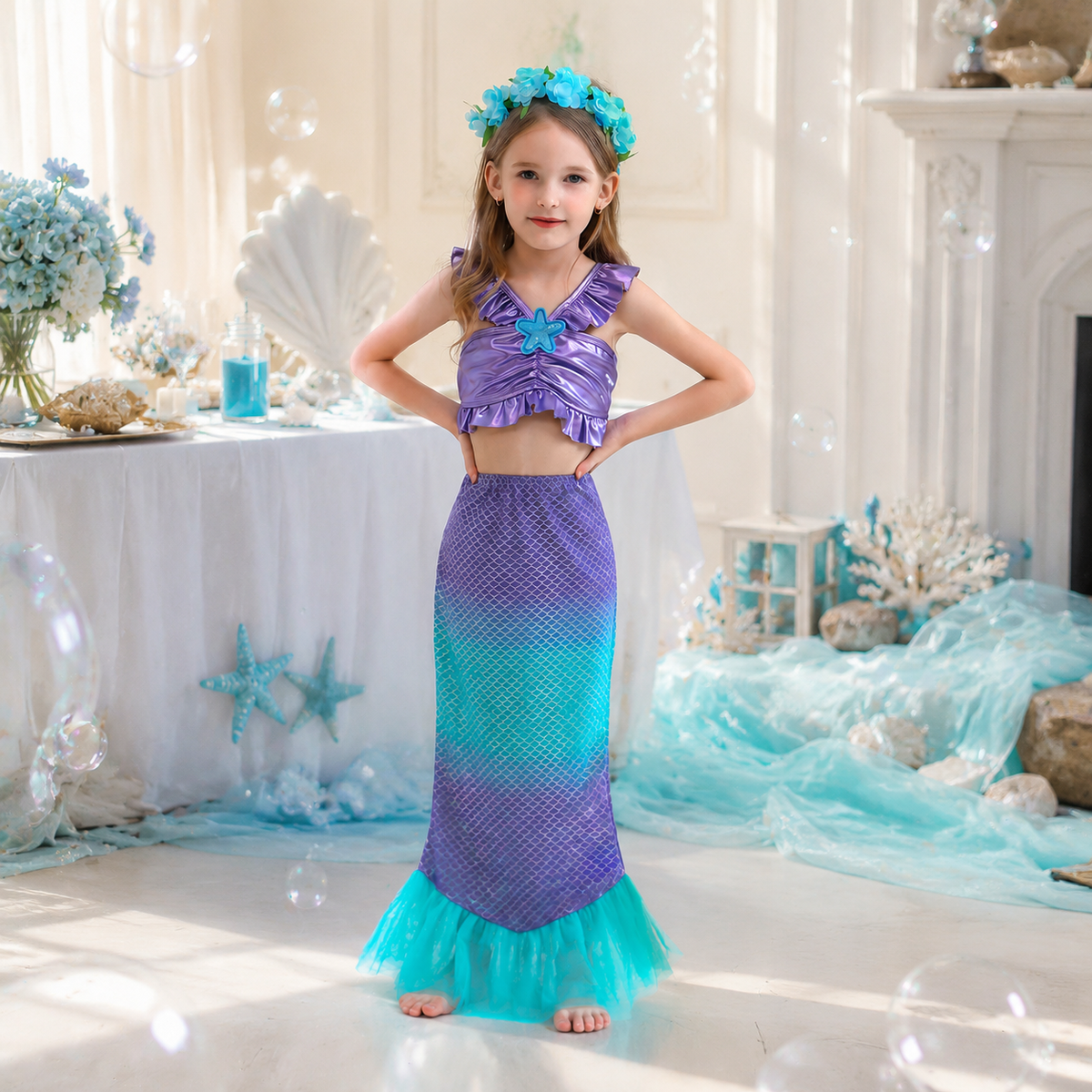 Girls Mermaid Costume Shiny Top Scale Tail Skirt Flower Crown Set