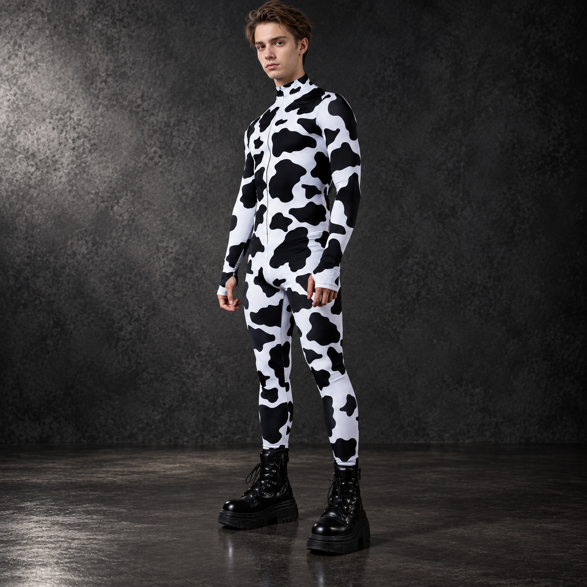 Cow Print Jumpsuit Zip Front High Neck Stretch Bodysuit Mens Womens
