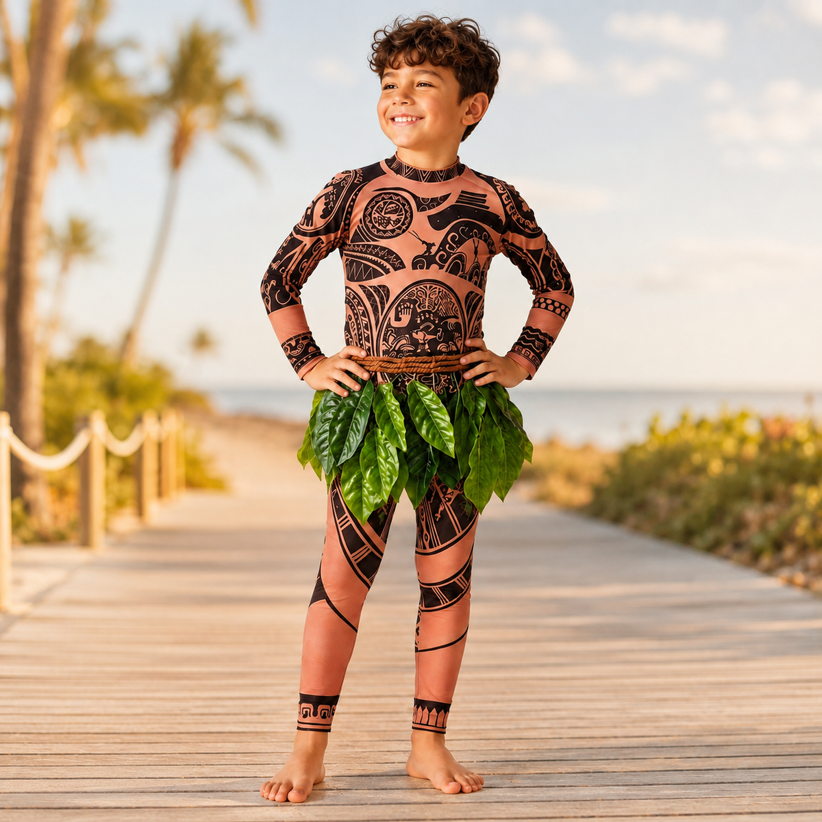 Maui Style Costume Tattoo Print Bodysuit Leaf Skirt Kids and Adults