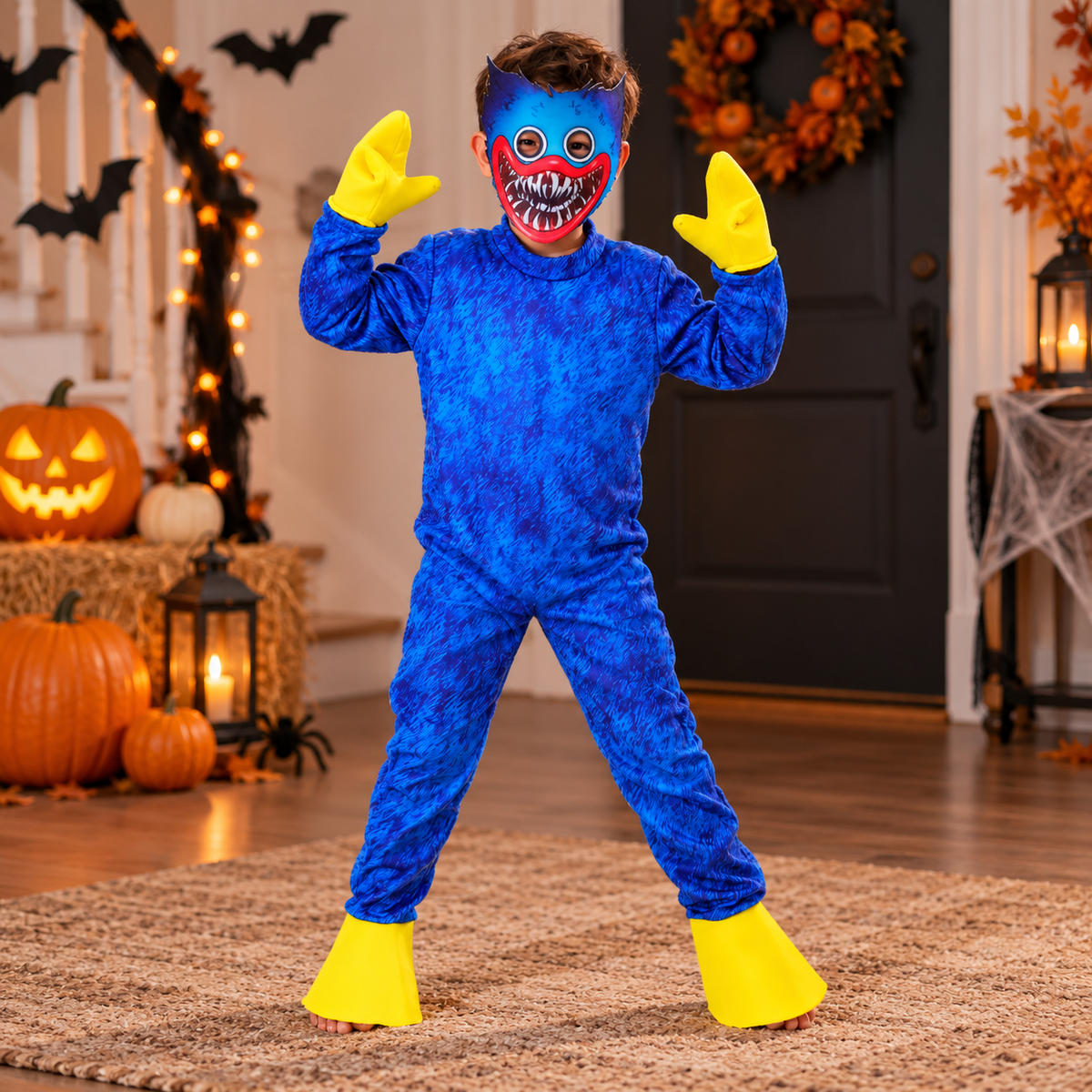 Kids Plush Monster Costume Jumpsuit Toothy Mask Yellow Gloves Feet