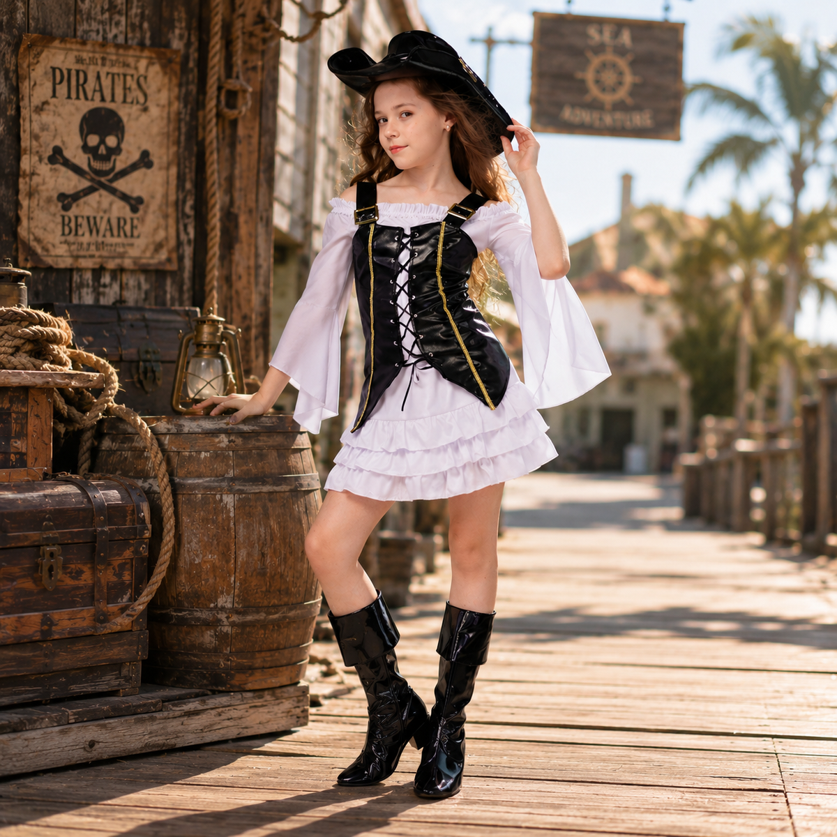 Girls Pirate Costume White Ruffle Dress Black Corset Vest Halloween