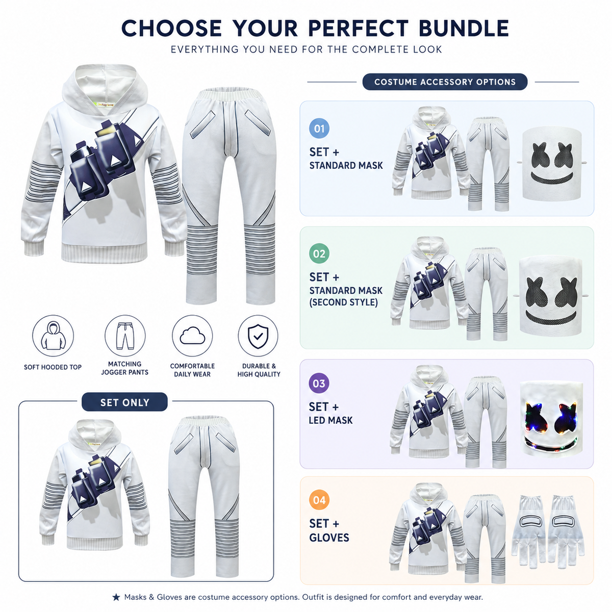 Kids Marshmello Style DJ Costume White Hoodie Joggers Mask Options