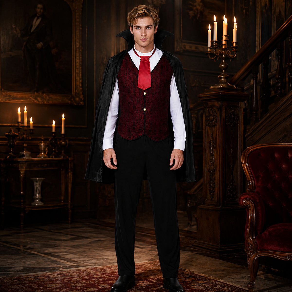 Mens Vampire Costume Satin Cape High Collar Vest Ruffle Shirt Dracula
