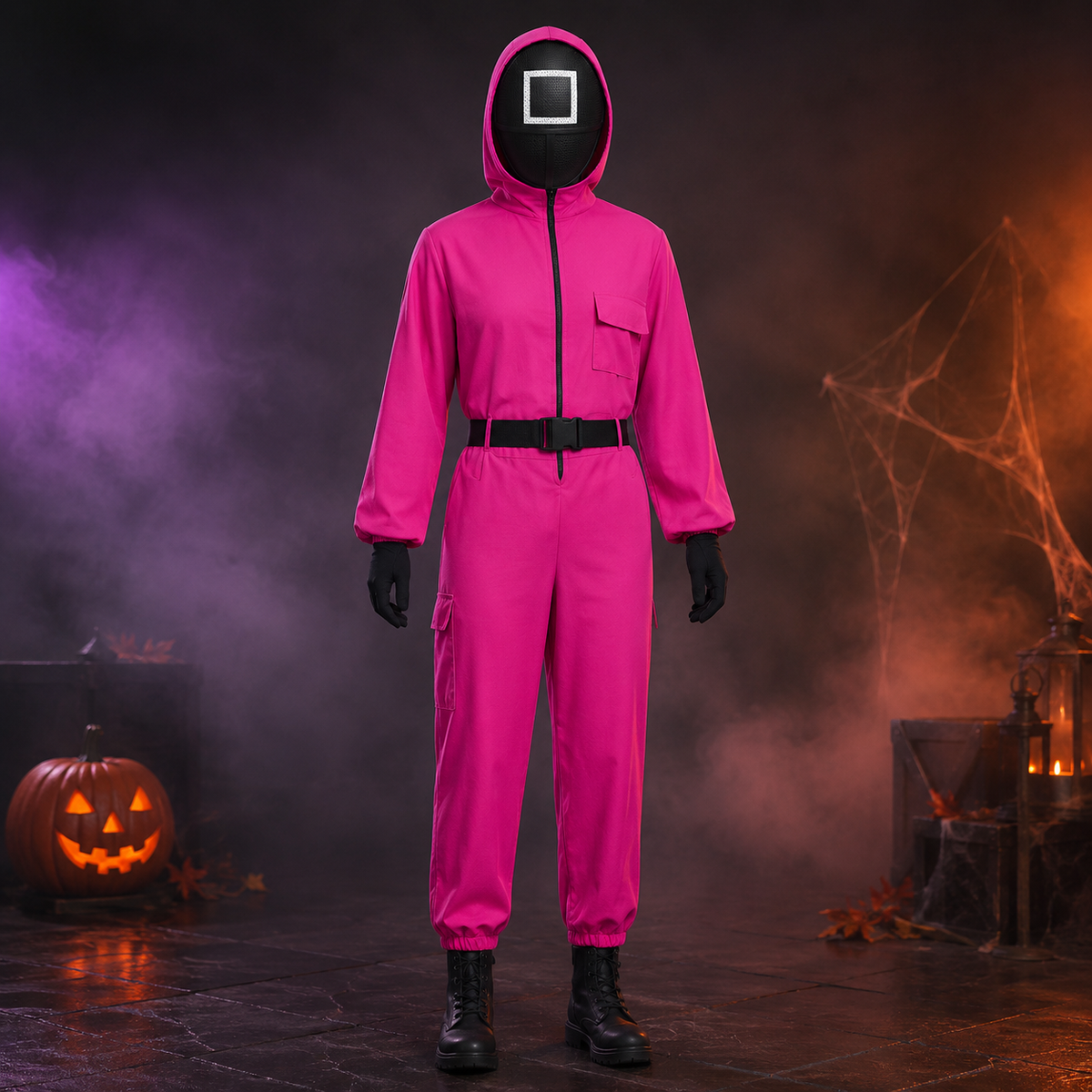 Adult Squid Game Guard Costume Hot Pink Jumpsuit Mask Belt Gloves