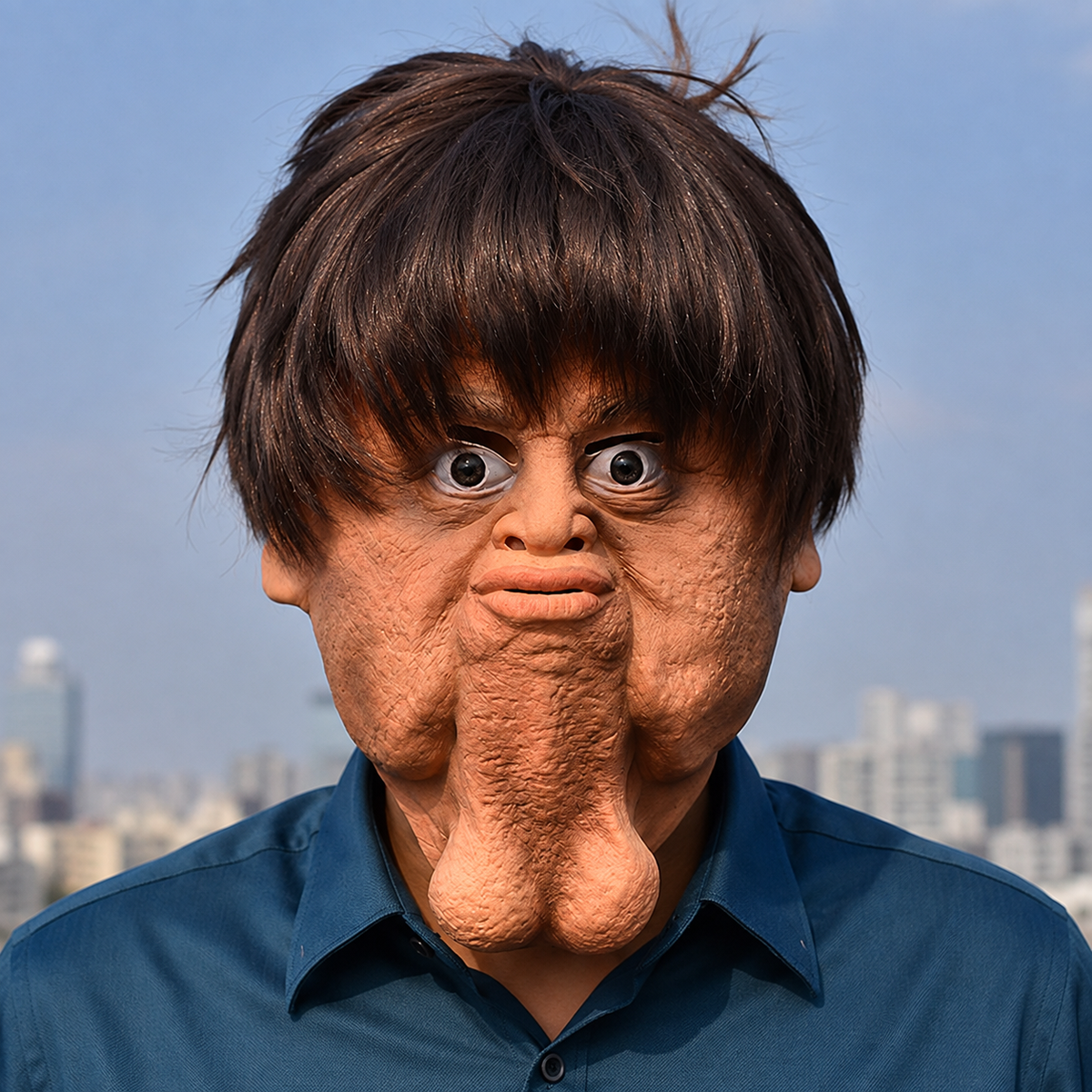 Big Chin Gag Mask Adult Novelty Latex Face Mask with Brown Wig Prank
