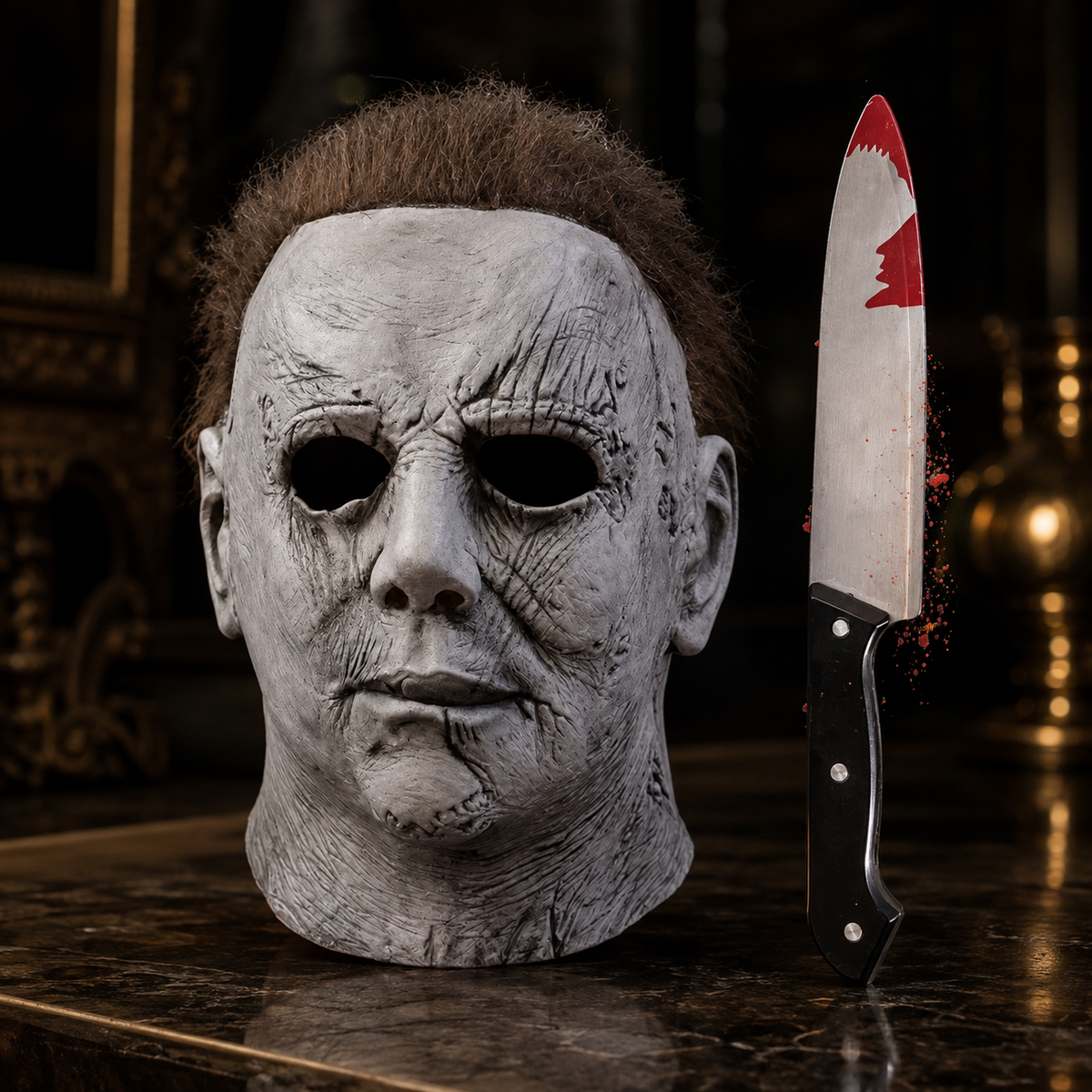 Michael Myers Style Latex Mask Pale Slasher Face Hair Knife Prop