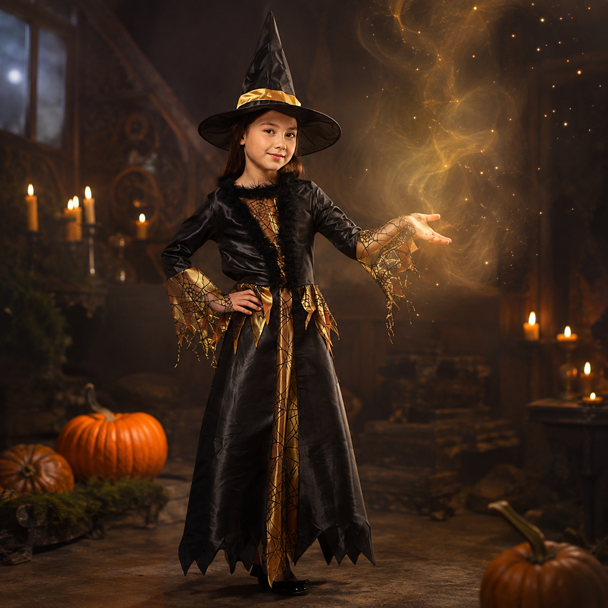 Girls Witch Costume Dress with Hat Five Styles Green Purple Pink Gold