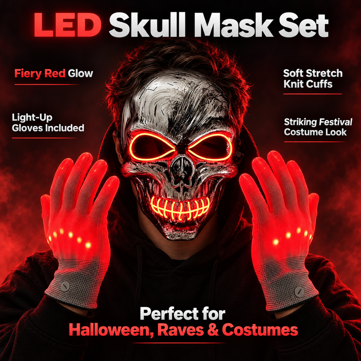 LED Skull Mask and Light Up Gloves Set Blue Red Green Halloween Rave
