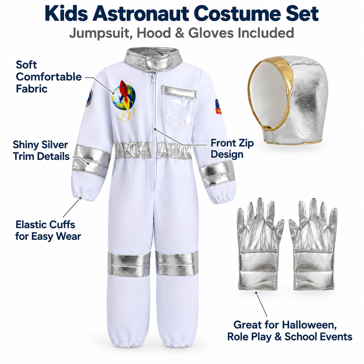Kids Astronaut Costume White Space Suit with Silver Hood and Gloves