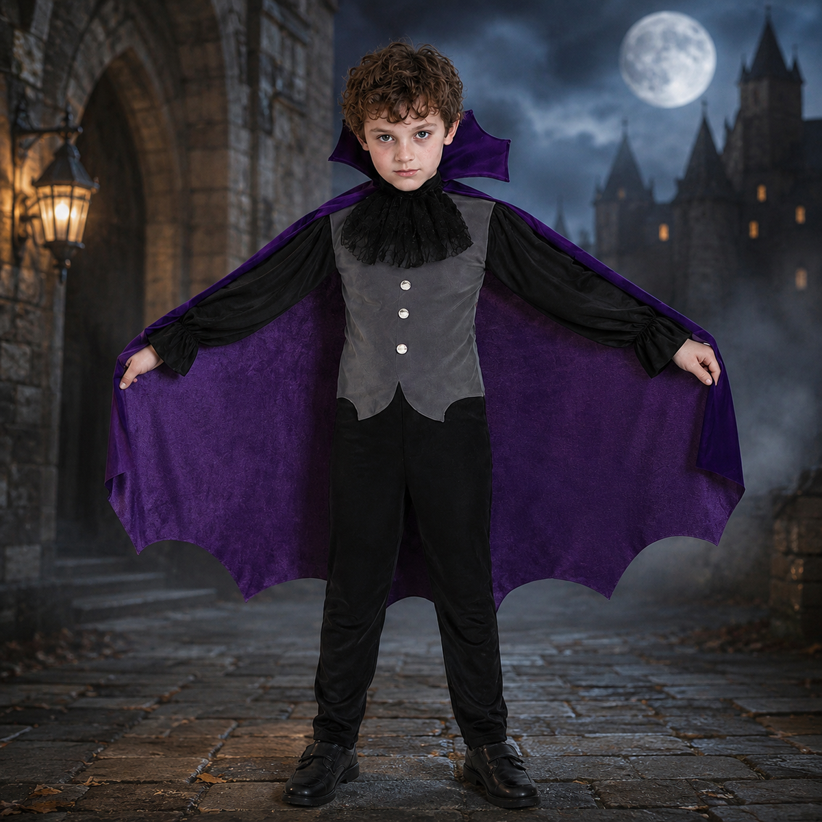 Boys Vampire Costume Velvet Vest Lace Jabot Shirt Cape Pants Kids