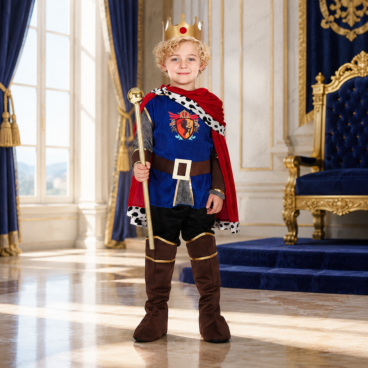 Kids King Costume with Crown Scepter and Cape Four Royal Styles
