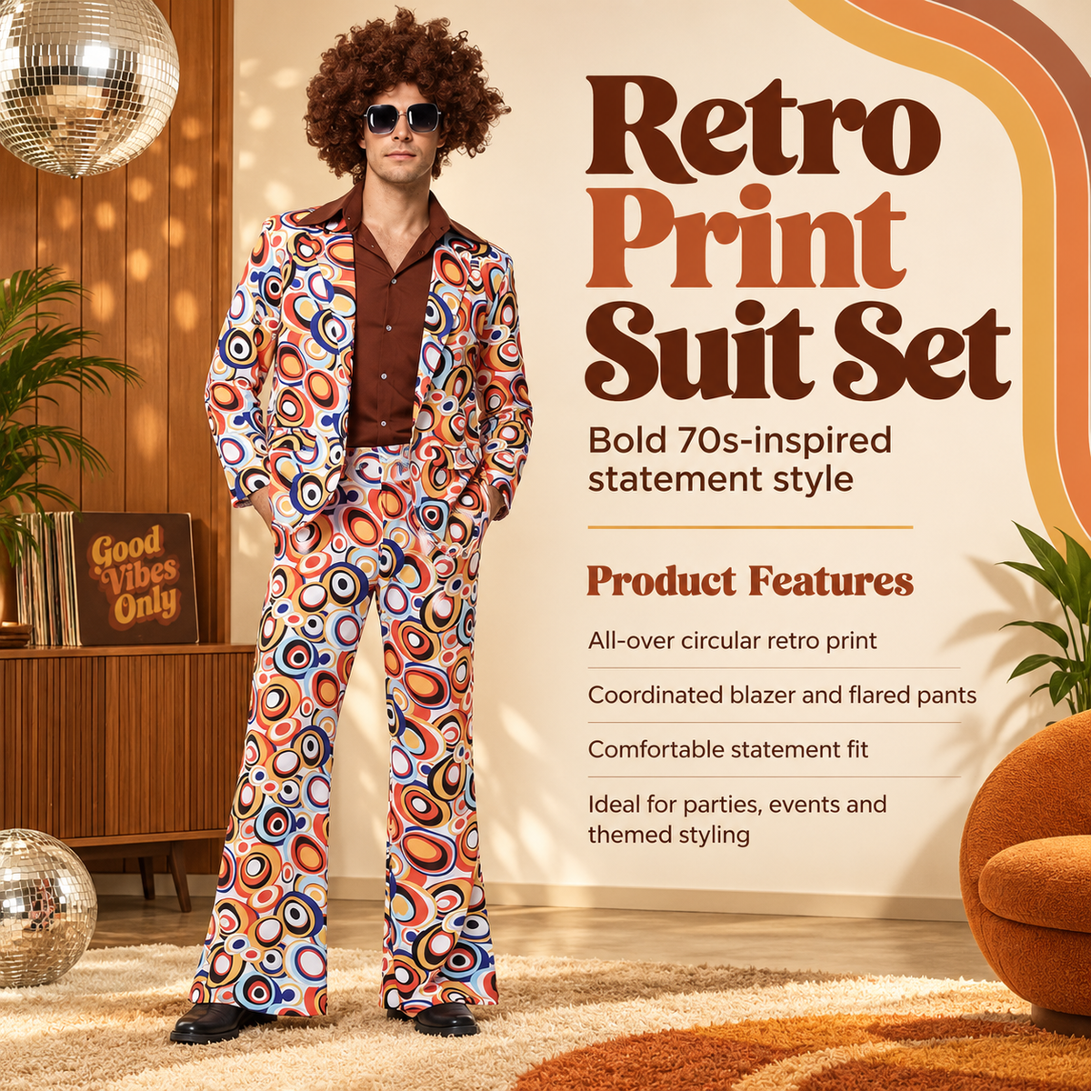 70s Disco Costume Retro Print Mens Suit or Womens Bell Sleeve Dress