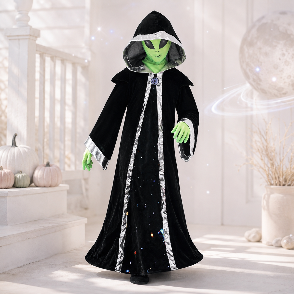Kids Alien Costume Hooded Galaxy Robe Green Alien Mask and Gloves