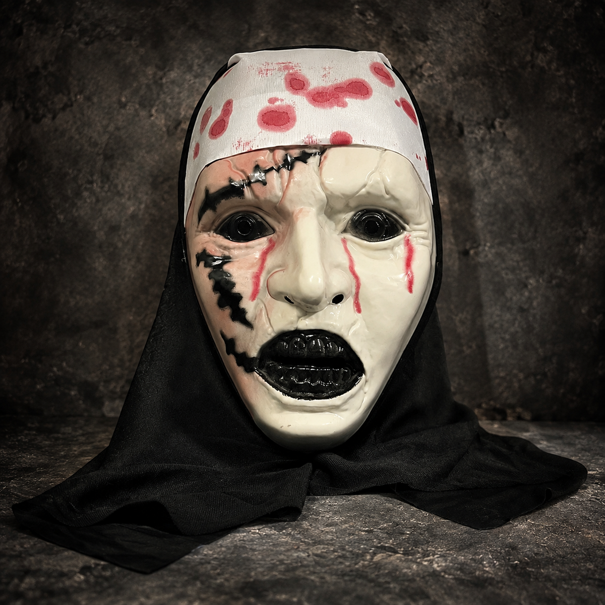 Bloody Nun Horror Mask with Black Hood Halloween Scary Face Mask