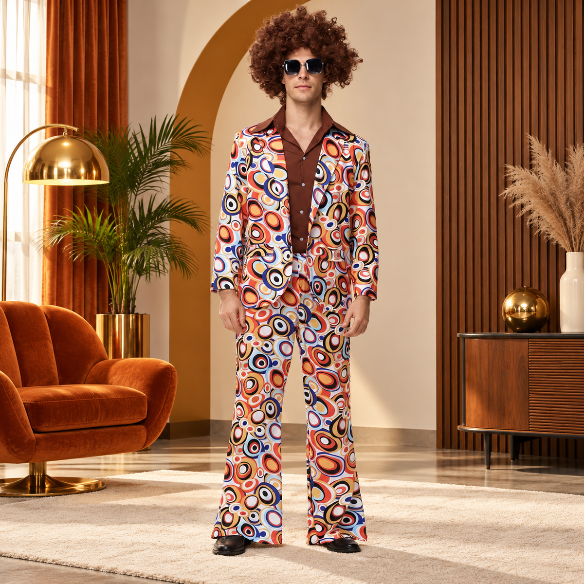 70s Disco Costume Retro Print Mens Suit or Womens Bell Sleeve Dress