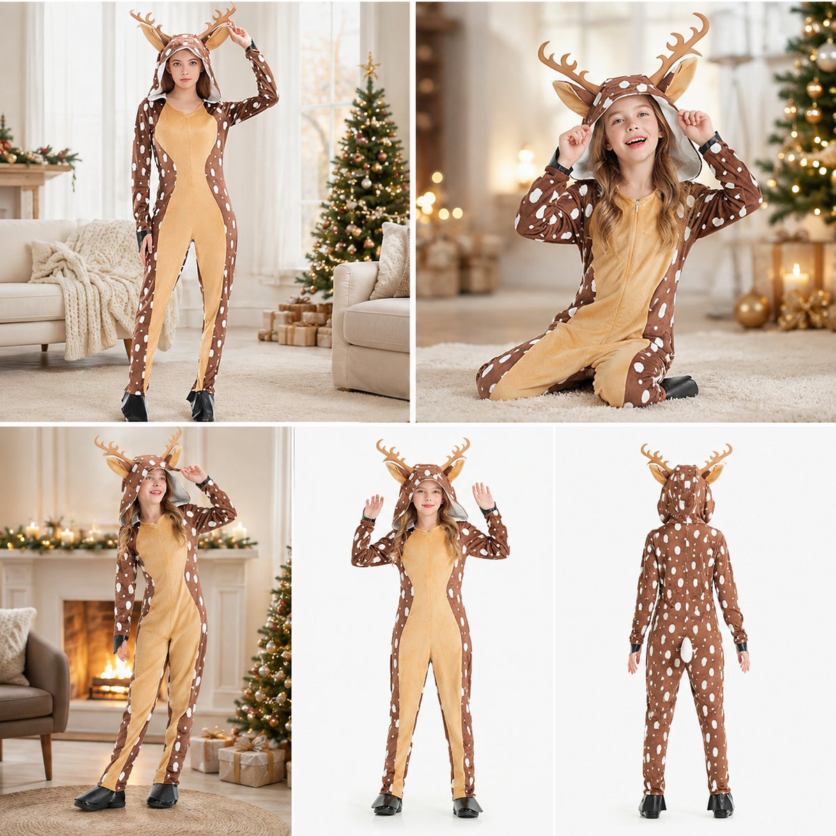 Kids Deer Costume Hooded Jumpsuit Spotted Fawn Antlers Christmas