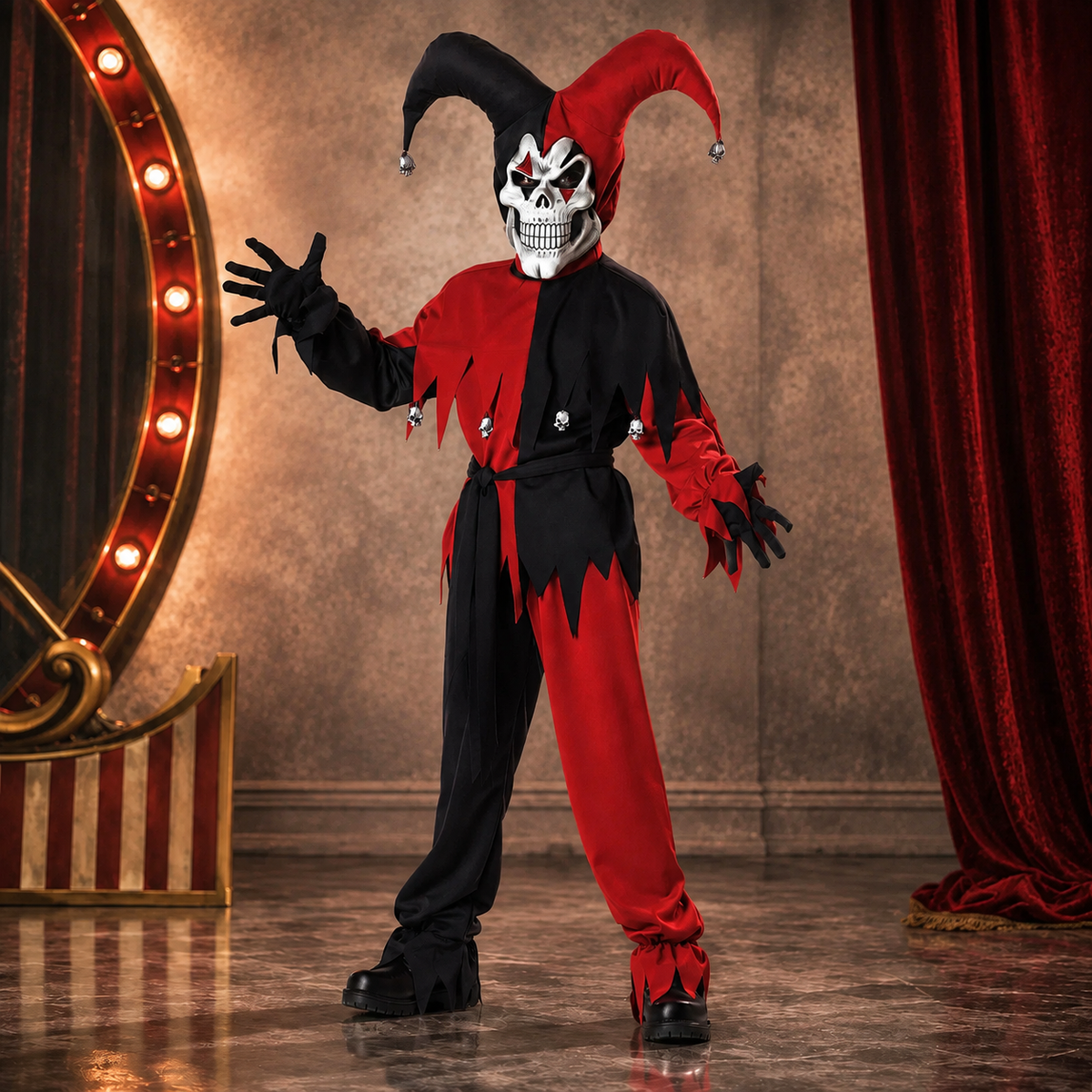 Evil Court Jester Costume Horned Hood Harlequin Suit Adult Kids