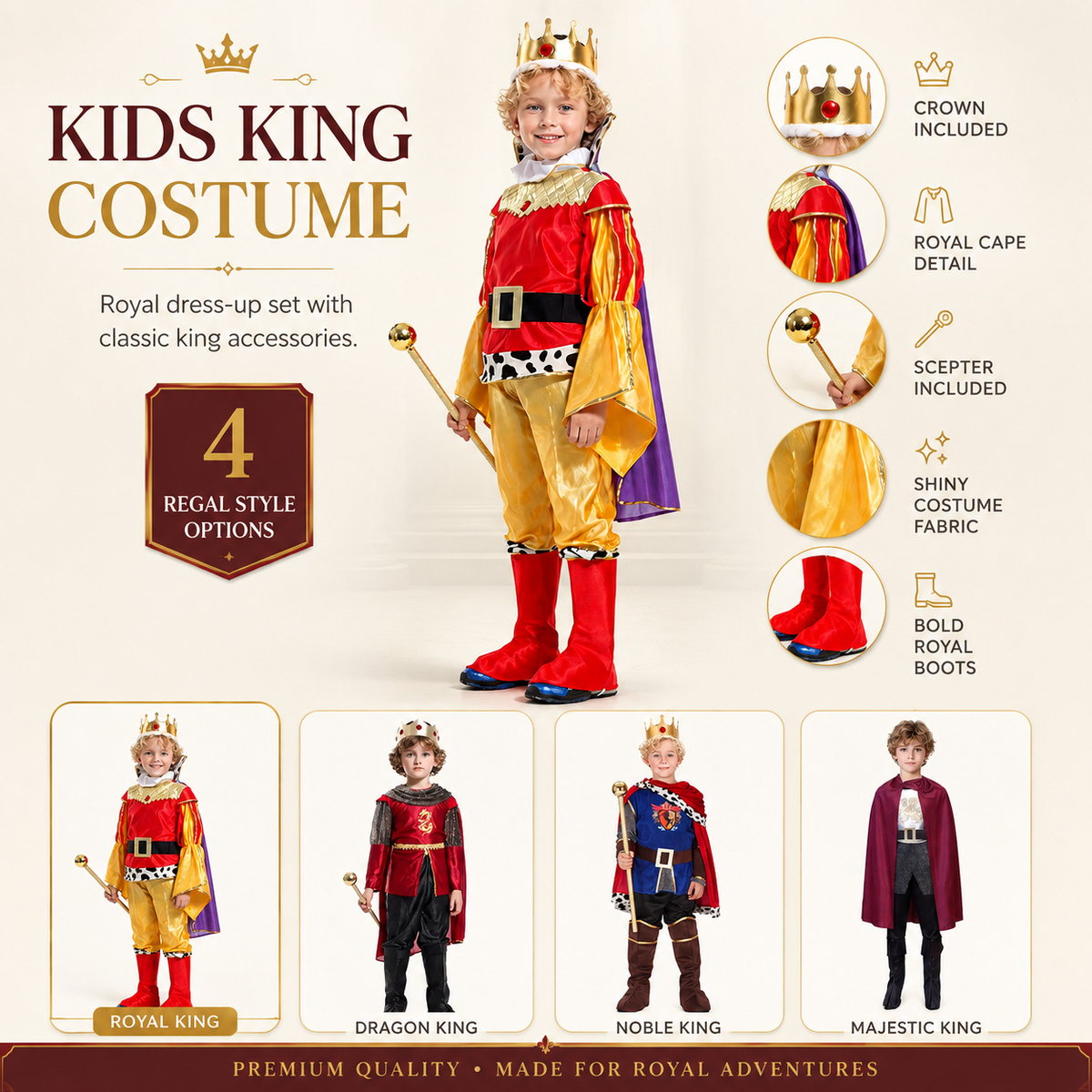 Boys Medieval King Costume Set Tunic Cape Crown Scepter Boot Covers