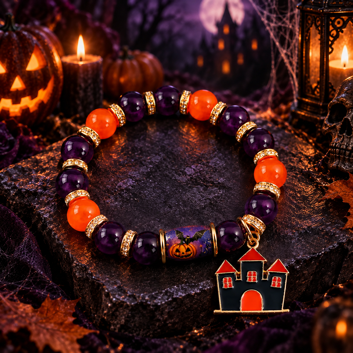 Halloween Charm Bracelet Stretch Bead Bat Pumpkin Ghost Castle