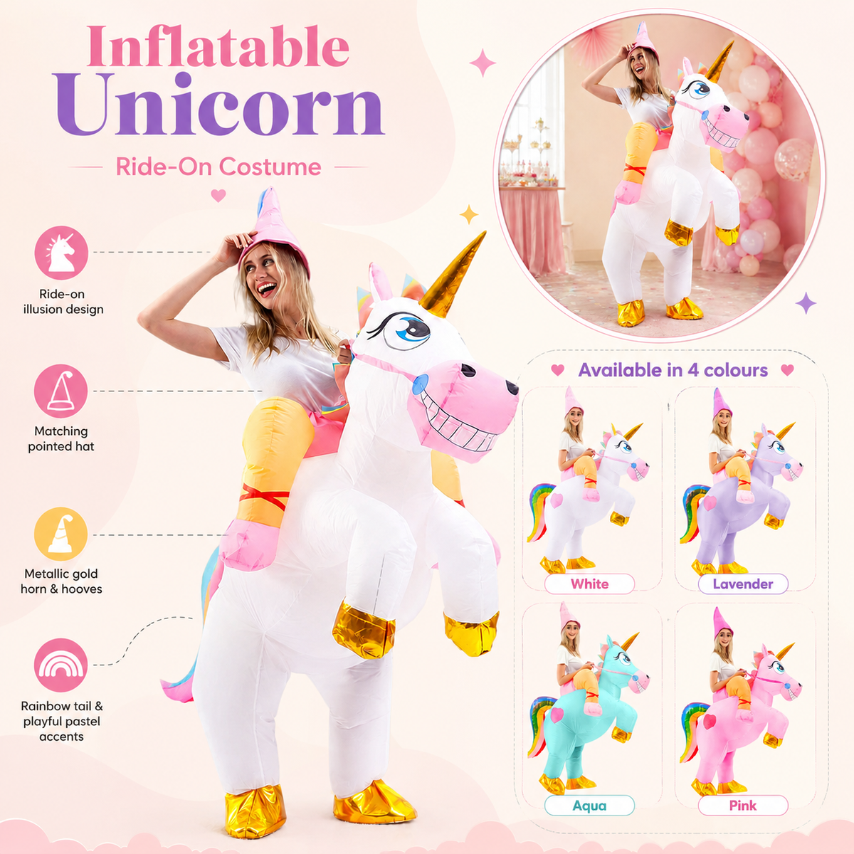 Inflatable Unicorn Ride On Costume Adult Rainbow Tail Pointed Hat
