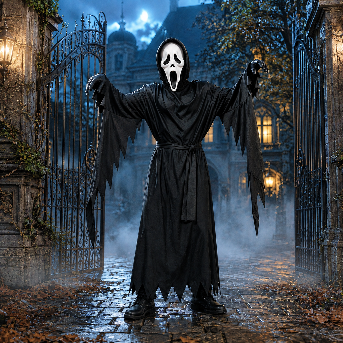 Hooded Reaper Robe Costume with Ghost Face Mask Gloves Sash Kids Adult
