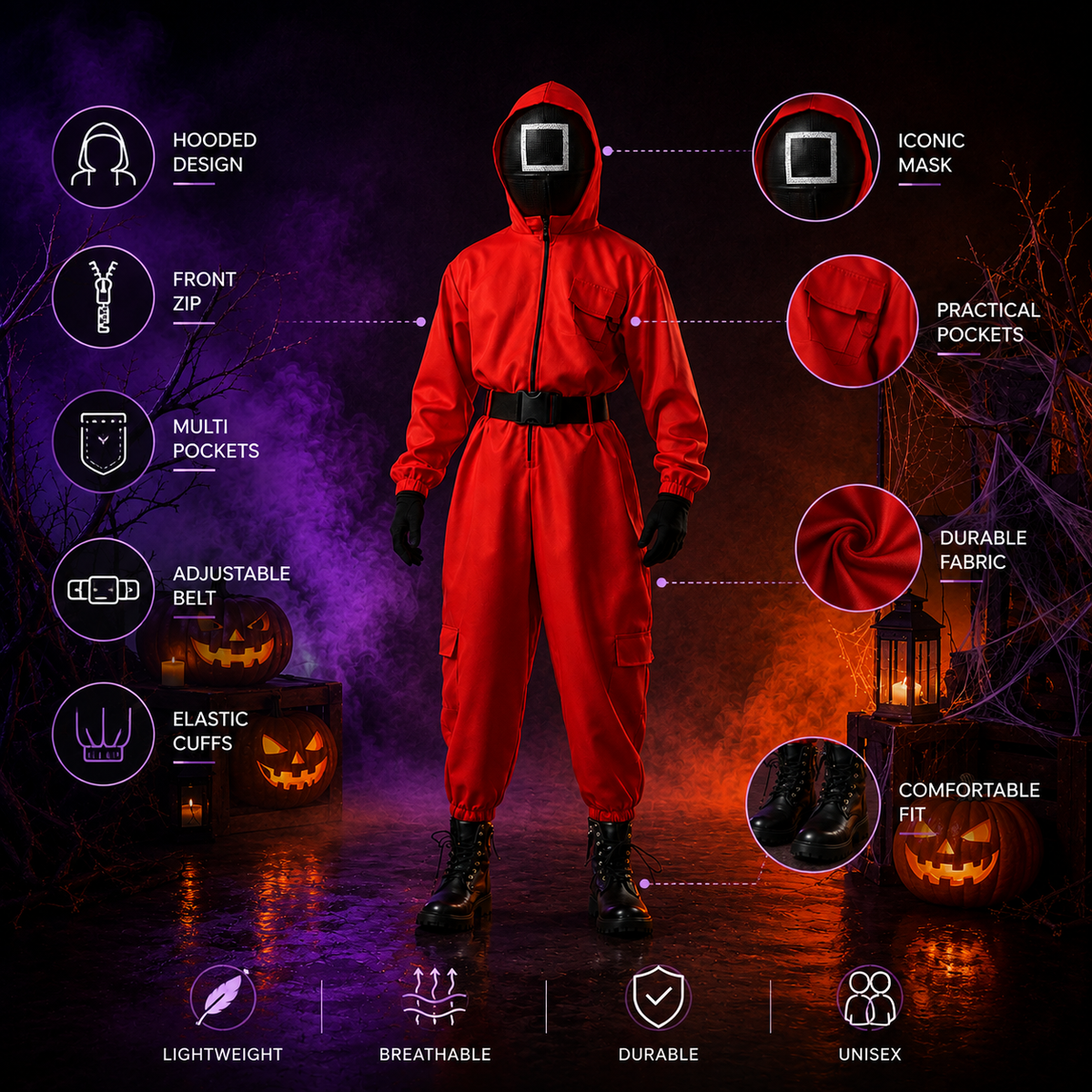 Kids Squid Game Guard Costume Red Hooded Jumpsuit Mask Gloves Belt
