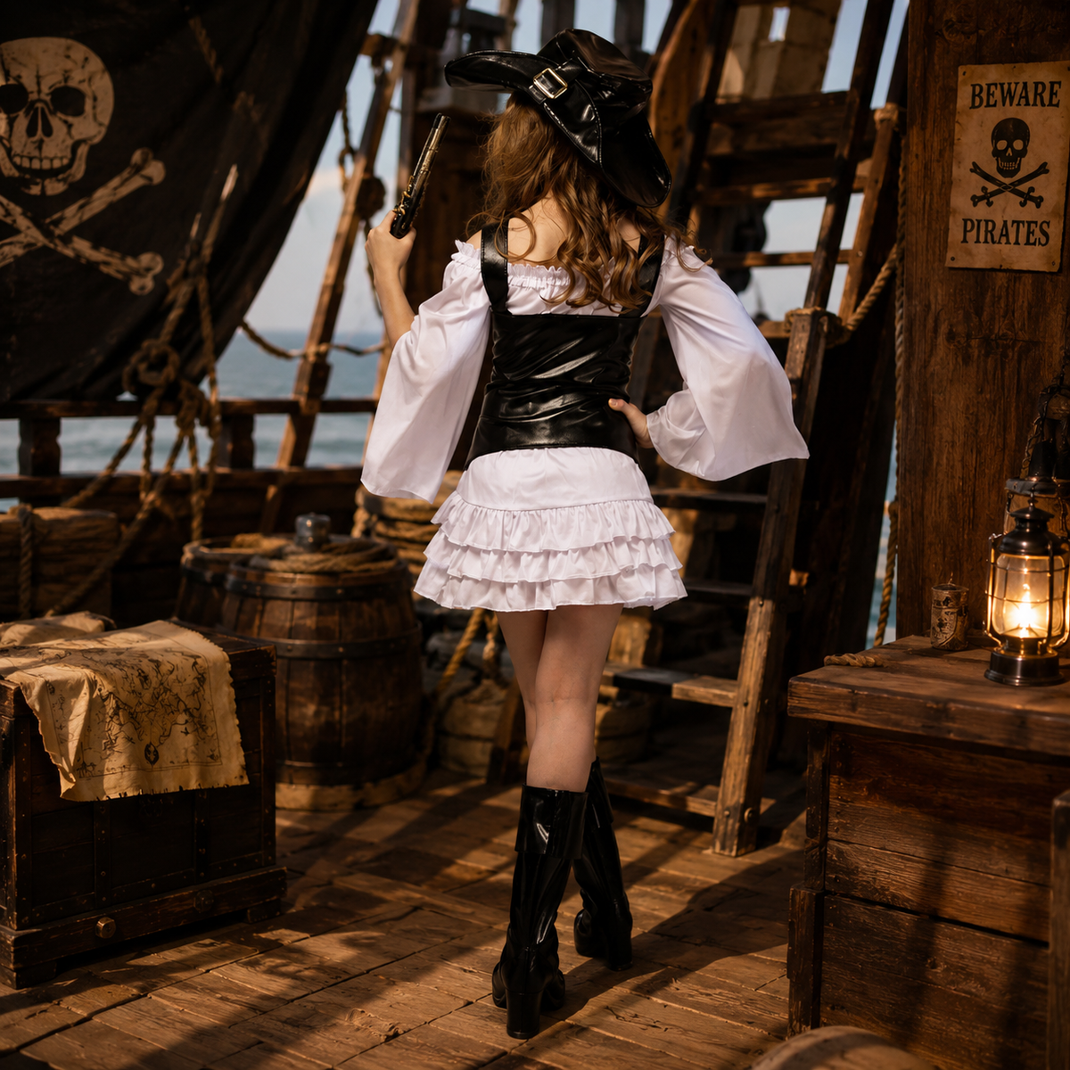 Girls Pirate Costume White Ruffle Dress Black Corset Vest Halloween