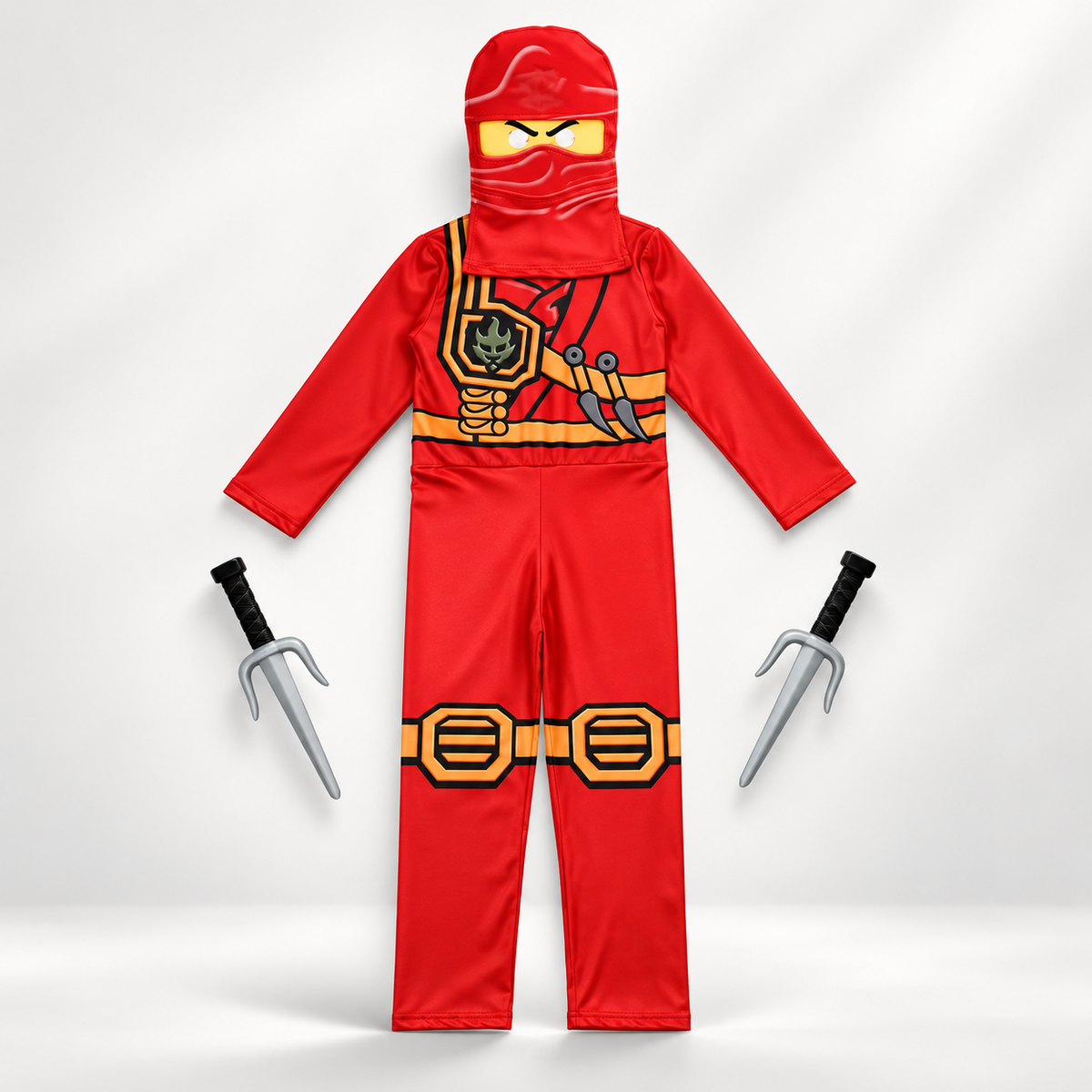 Kids Ninja Costume Red or Green Jumpsuit Hood Mask and Toy Sai Set