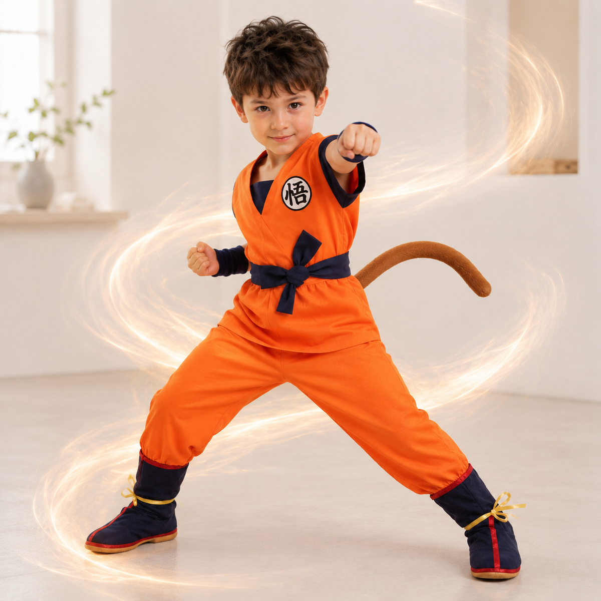 Goku Style Kids Costume Orange Gi Belt Bracers Tail Spiky Wig Options