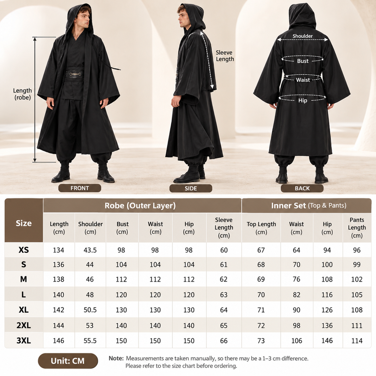 Mens Jedi Style Robe Costume Hooded Cloak Tunic Pants Belt Brown Black