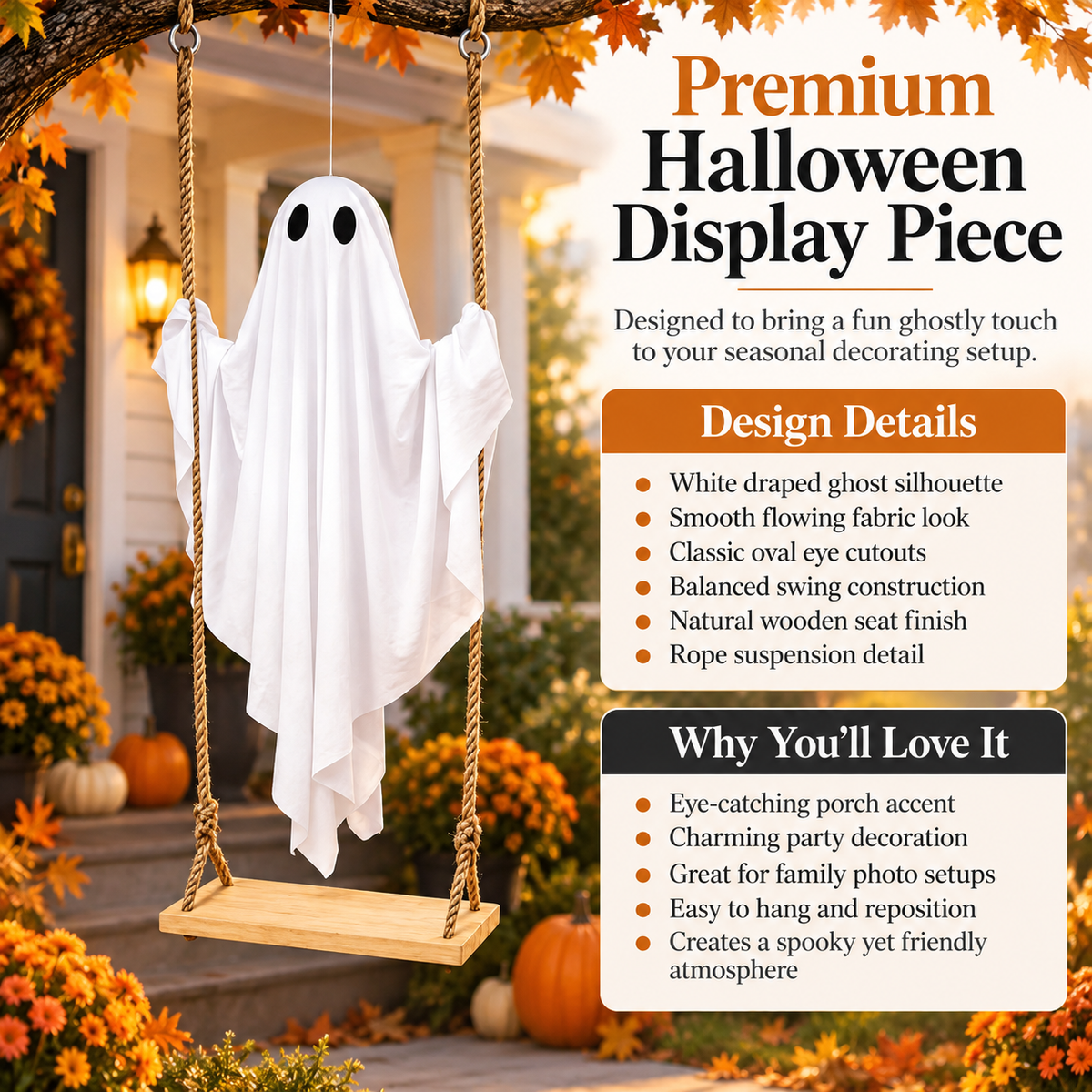 Hanging Ghost Swing Halloween Decoration Wooden Seat Porch Tree Decor