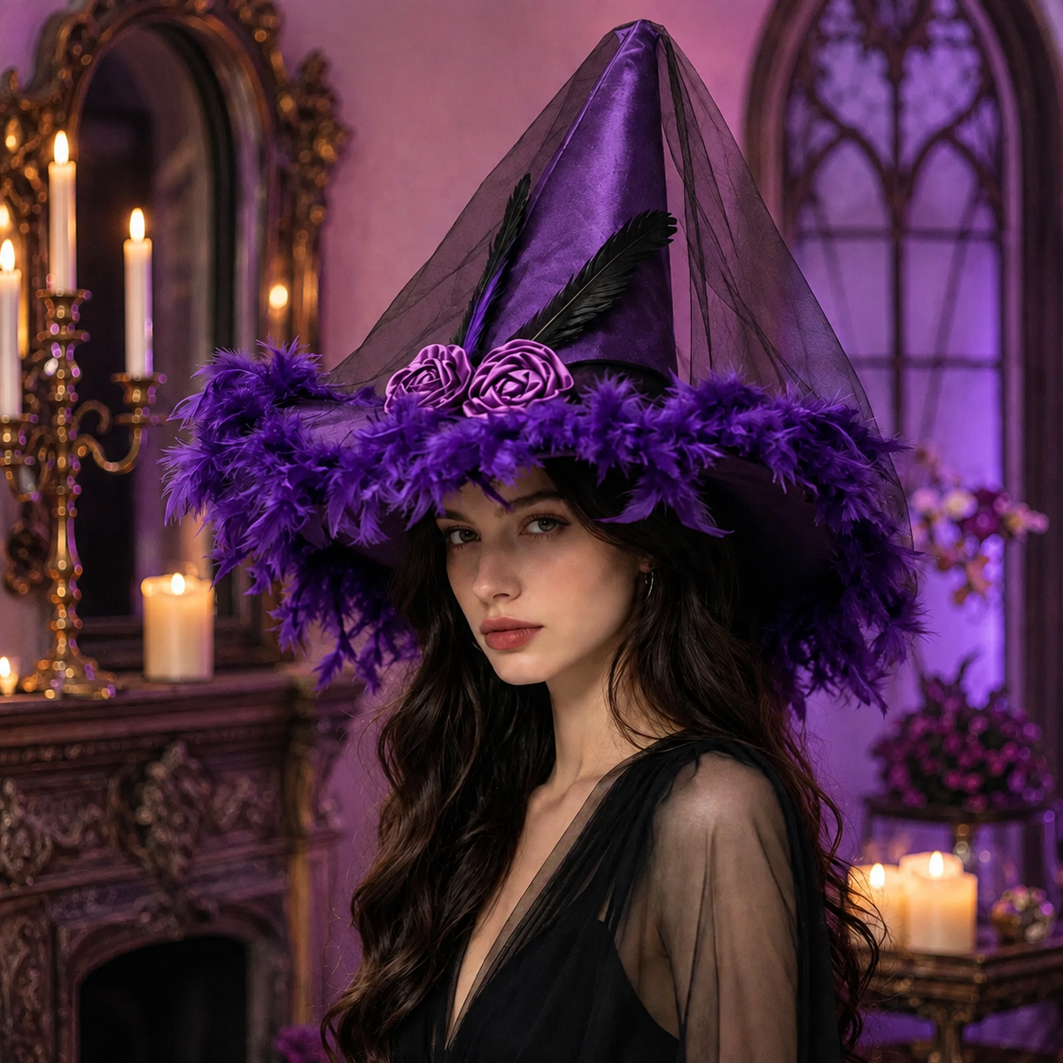 Feather Witch Hat with Veil Satin Roses Black Purple Halloween Hat