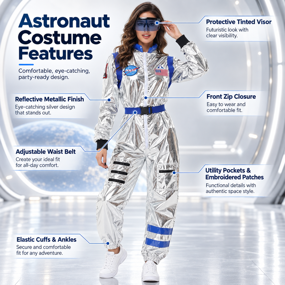 Adult Silver Astronaut Costume Metallic Space Suit Jumpsuit Visor Belt