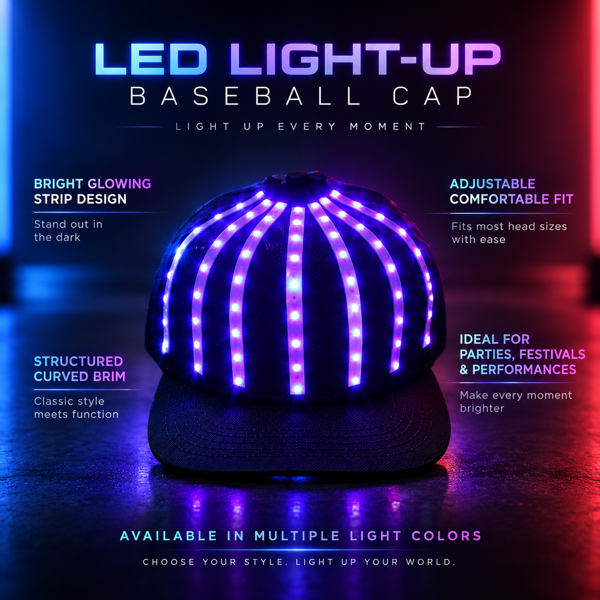 LED Light Up Baseball Cap Glowing Strip Snapback Rave Festival Hat