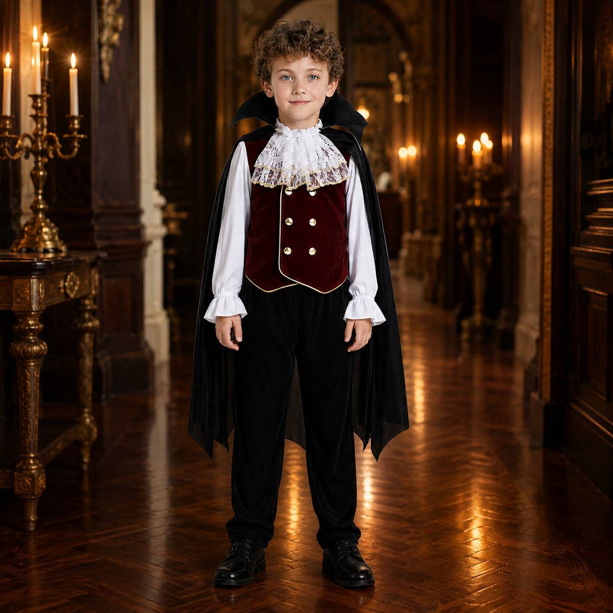 Boys Vampire Costume Velvet Vest Lace Jabot Shirt Cape Pants Kids