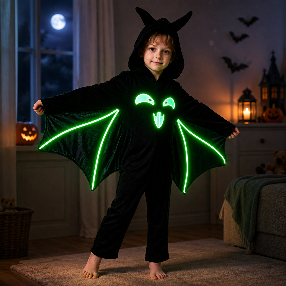 Kids Glow in the Dark Bat Costume Hooded Jumpsuit with Wings Halloween