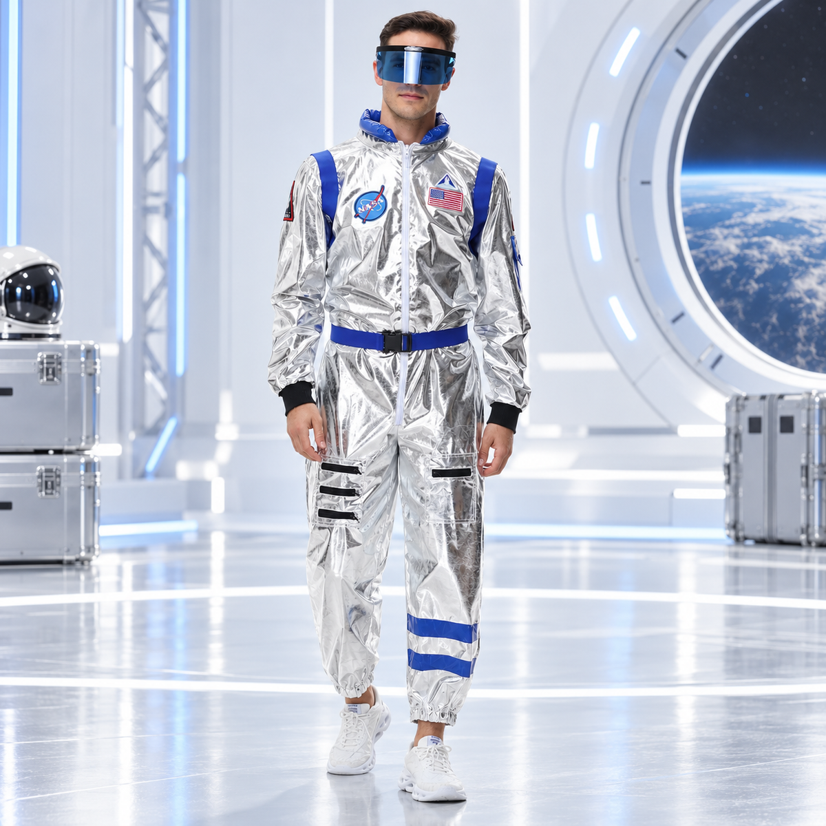 Adult Silver Astronaut Costume Metallic Space Suit Jumpsuit Visor Belt