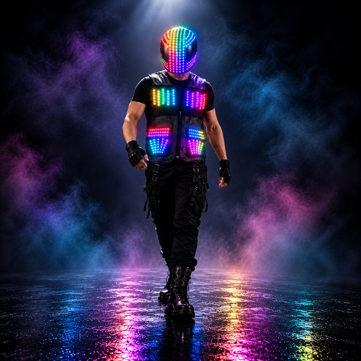 LED Helmet and Vest Set RGB Light Up DJ Costume Full Face Helmet Stage