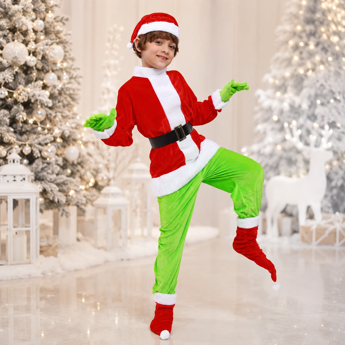 Kids Green Christmas Elf Costume Santa Top Gloves Hat Shoe Covers