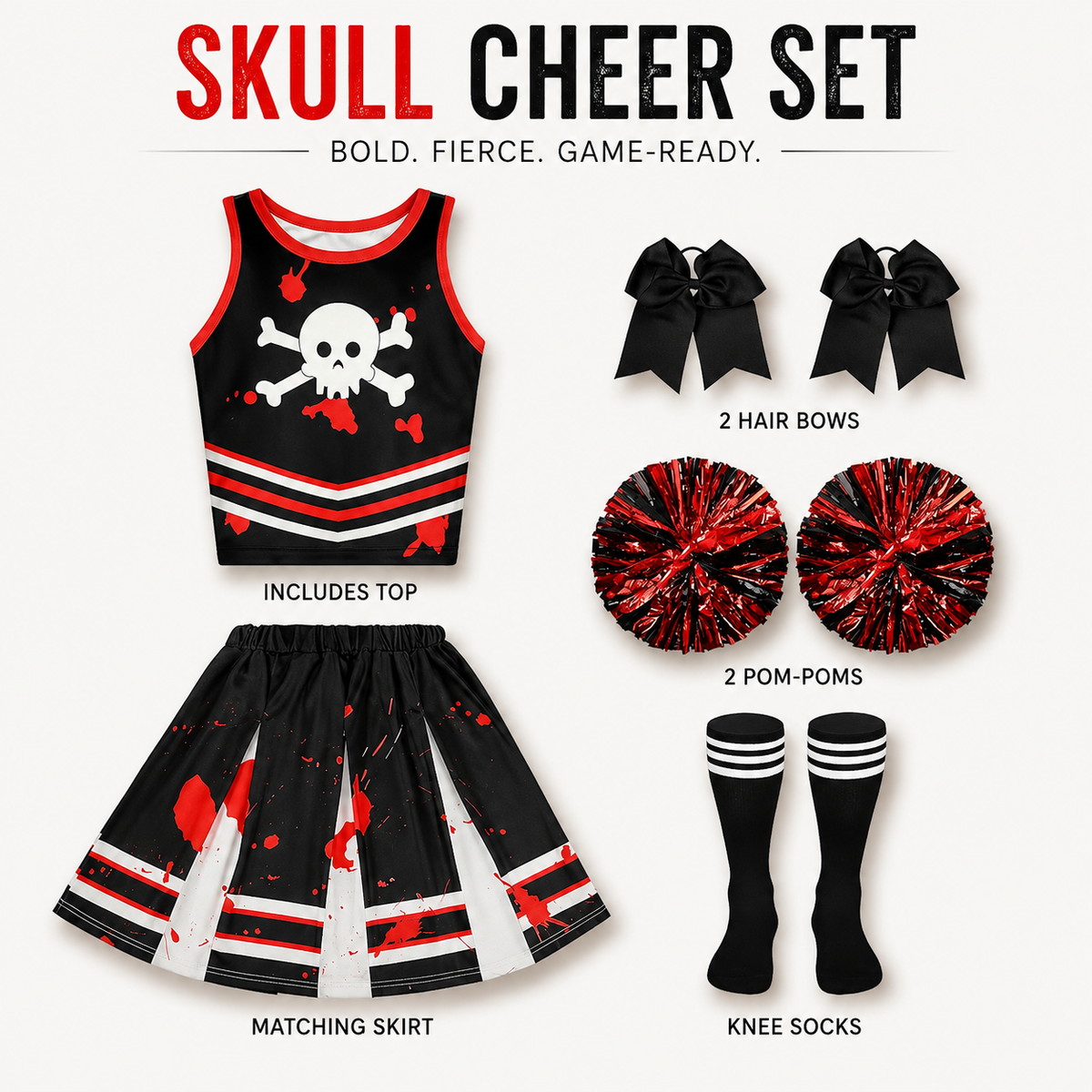 Girls Zombie Cheerleader Costume Bloody Uniform Pom Poms Socks Bows