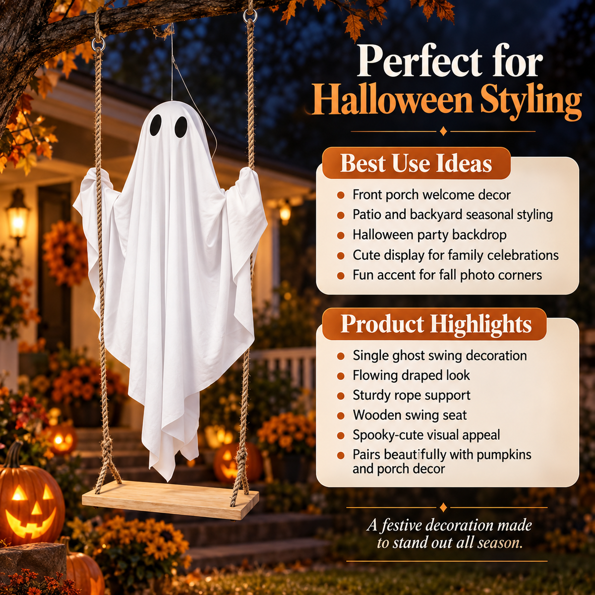 Hanging Ghost Swing Halloween Decoration Wooden Seat Porch Tree Decor