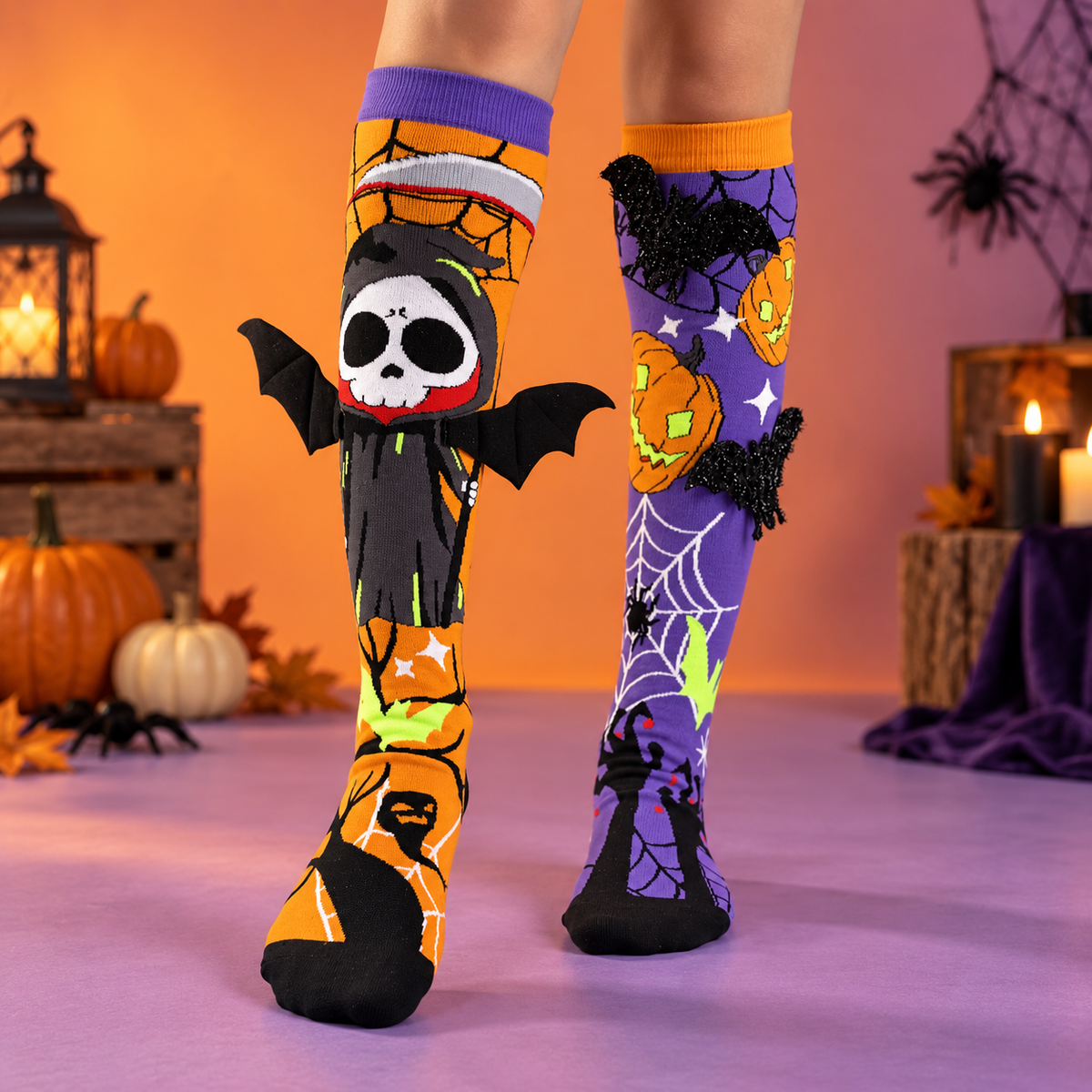 Halloween Knee High Socks Mismatched Skull Reaper Bat and Pumpkin