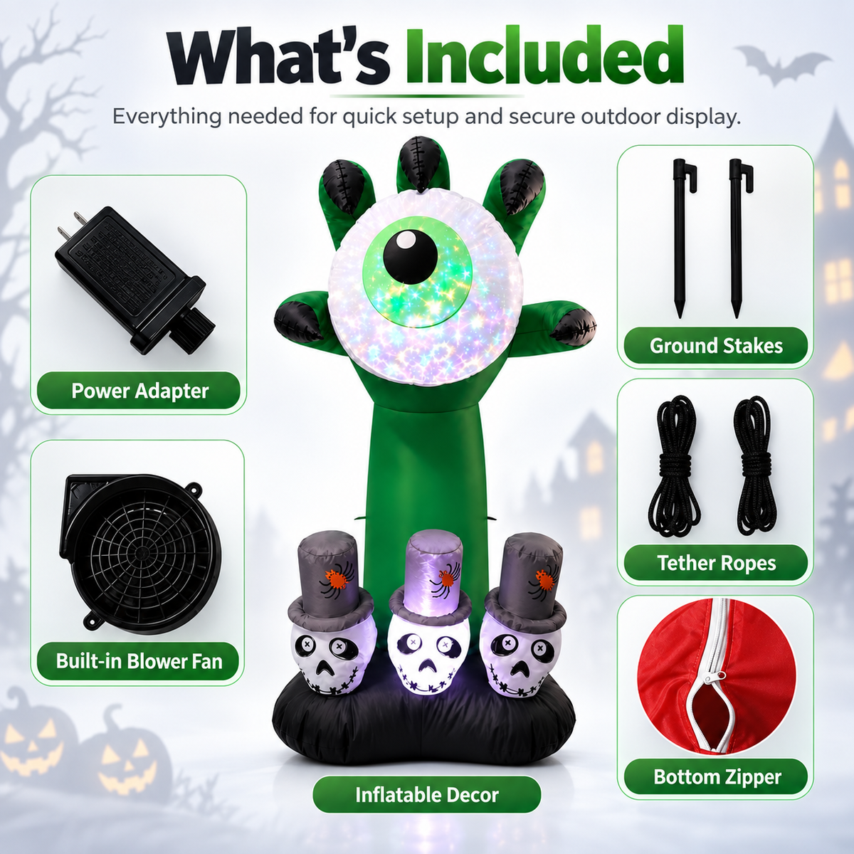 Inflatable Eyeball Monster Hand with Skulls LED Halloween Yard Decor